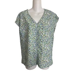 Hilary Radley Pullover Shirt Top Womens Size S Blue Cap Sleeve Floral V Neck